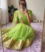 Light-green silk blend zari work embroidered saree