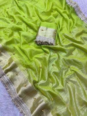 Light-green silk blend zari work embroidered saree 2
