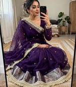 Dark-purple silk blend zari work embroidered saree