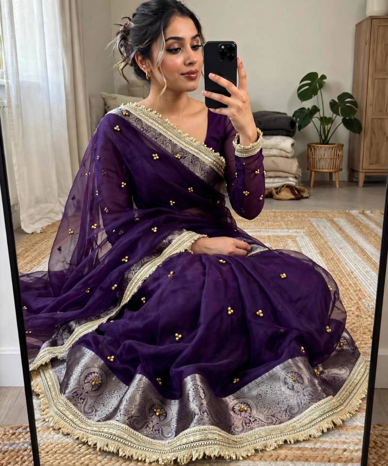 Dark-purple silk blend zari work embroidered saree