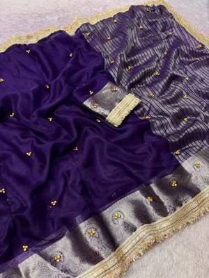 Dark-purple silk blend zari work embroidered saree 2
