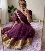 Dark-purple silk blend zari work embroidered saree