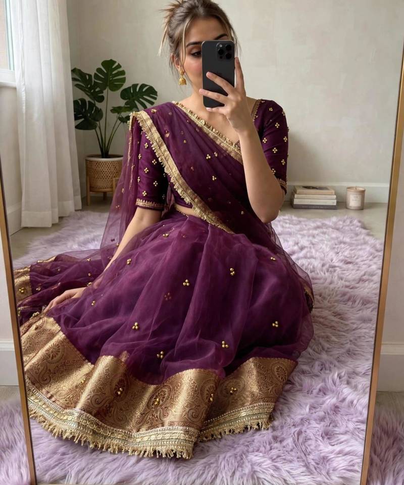 Dark-purple silk blend zari work embroidered saree