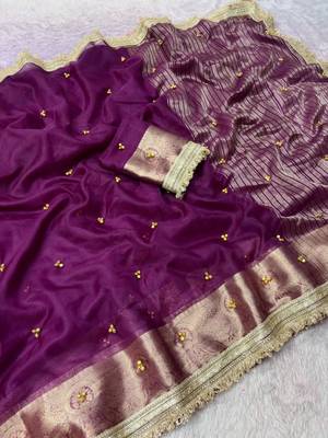 Dark-purple silk blend zari work embroidered saree 2