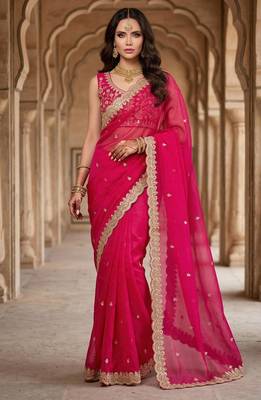 Hot-pink satin sequins work embroidered saree 1