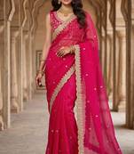 Hot-pink satin sequins work embroidered saree