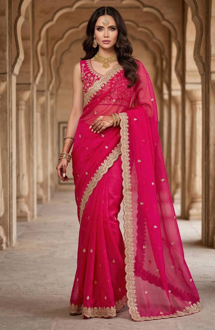 Hot-pink satin sequins work embroidered saree