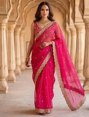 Hot-pink satin sequins work embroidered saree 2