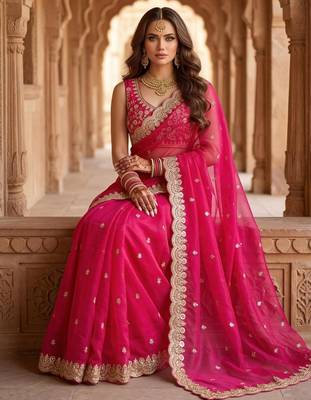 Hot-pink satin sequins work embroidered saree 4