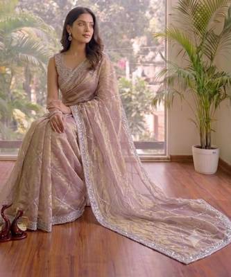Mauve silk blend stone work embroidered saree 1