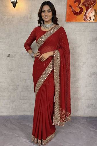 Dark-red georgette mirror work embroidered saree