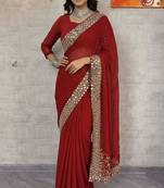 Dark-red georgette mirror work embroidered saree