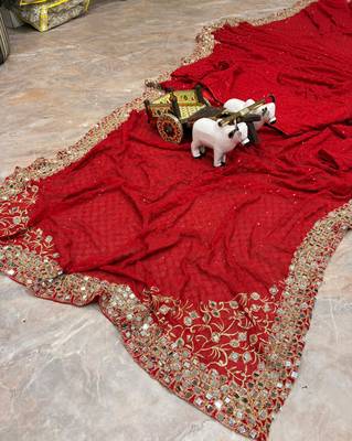 Dark-red georgette mirror work embroidered saree 2