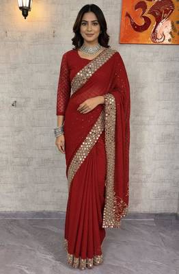Dark-red georgette mirror work embroidered saree 3