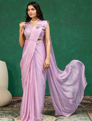 Light-purple silk blend zari work embroidered pre-stitched saree 1