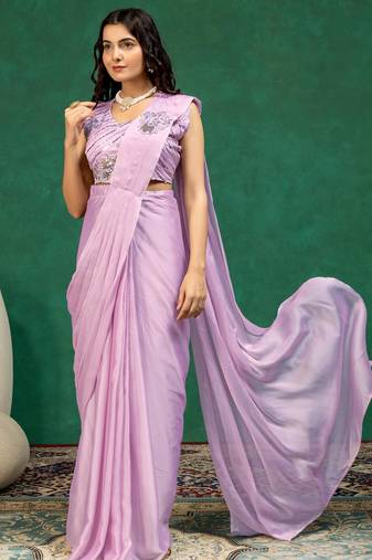 Light-purple silk blend zari work embroidered pre-stitched saree