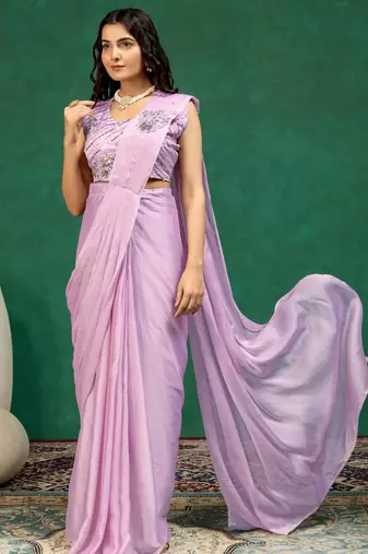 Light-purple silk blend zari work embroidered pre-stitched saree