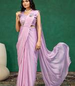 Light-purple silk blend zari work embroidered pre-stitched saree