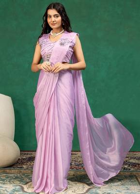 Light-purple silk blend zari work embroidered pre-stitched saree 3