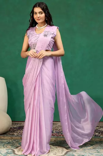 Light-purple silk blend zari work embroidered pre-stitched saree