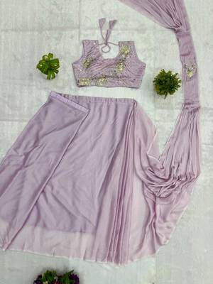 Light-purple silk blend zari work embroidered pre-stitched saree 4