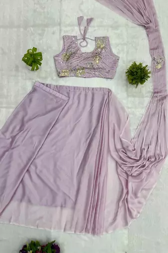 Light-purple silk blend zari work embroidered pre-stitched saree