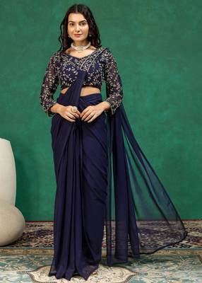 Navy-blue georgette beads embroidered pre-stitched saree 1
