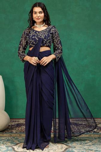 Navy-blue georgette beads embroidered pre-stitched saree