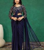 Navy-blue georgette beads embroidered pre-stitched saree