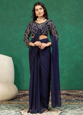 Navy-blue georgette beads embroidered pre-stitched saree 4