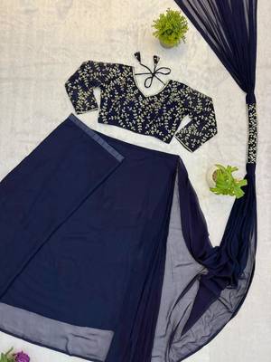 Navy-blue georgette beads embroidered pre-stitched saree 5