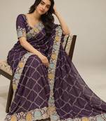Dark-purple chiffon zari work embroidered saree