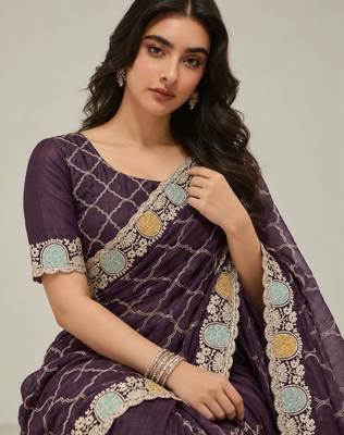 Dark-purple chiffon zari work embroidered saree 2