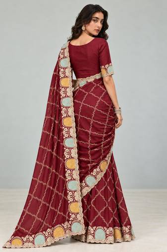 Dark-wine chiffon zari work embroidered saree