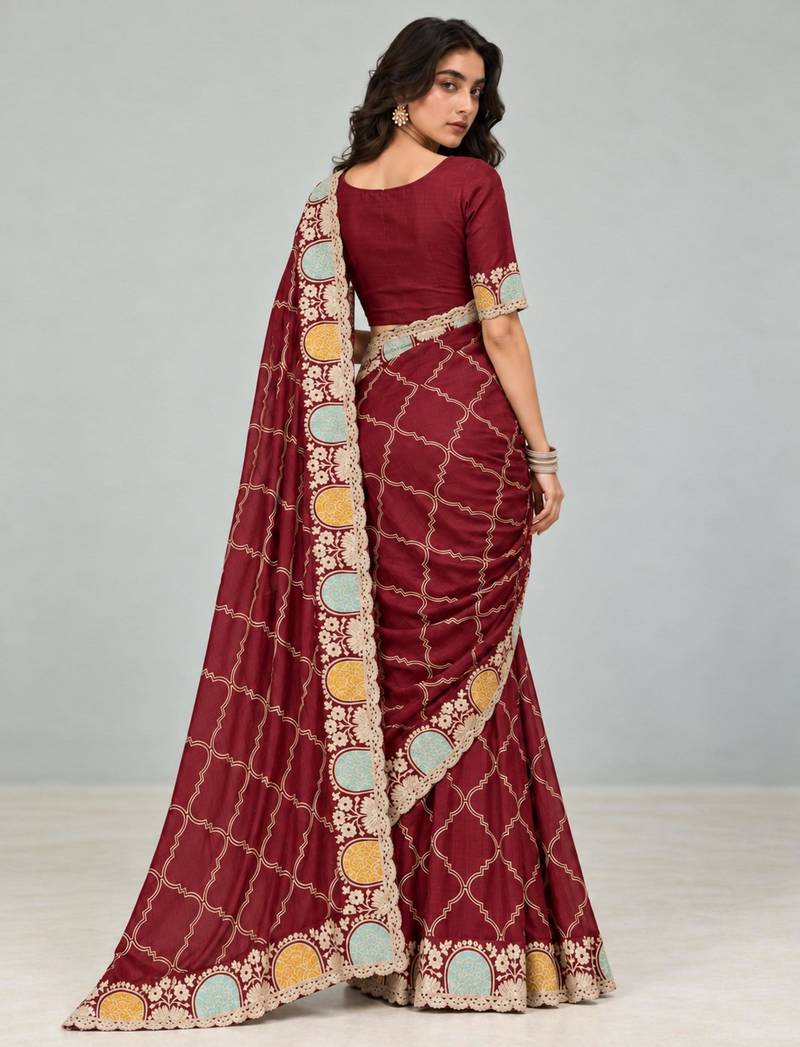 Dark-wine chiffon zari work embroidered saree