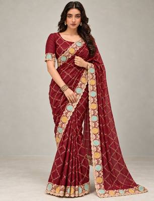 Dark-wine chiffon zari work embroidered saree 2