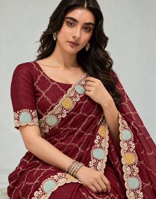 Dark-wine chiffon zari work embroidered saree 3