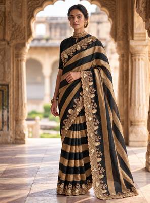 Black silk blend stripes print embroidered saree 1