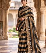 Black silk blend stripes print embroidered saree