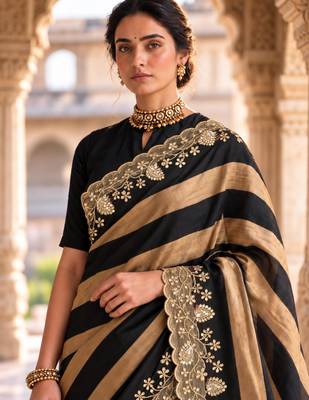 Black silk blend stripes print embroidered saree 2