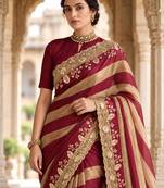 Maroon silk blend stripes print embroidered saree