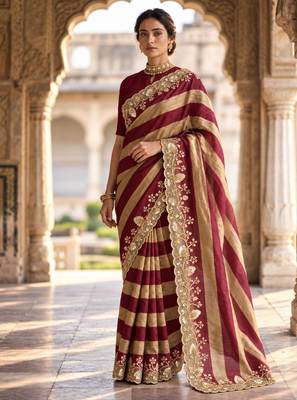 Maroon silk blend stripes print embroidered saree 2