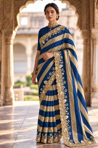 Royal-blue silk blend stripes print embroidered saree
