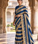 Royal-blue silk blend stripes print embroidered saree