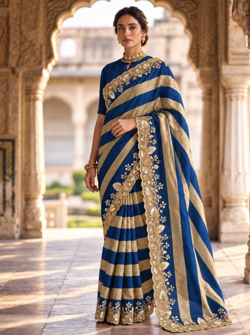 Royal-blue silk blend stripes print embroidered saree