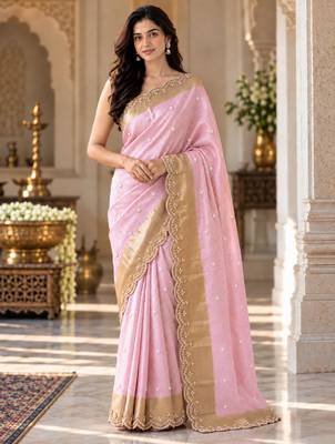 Baby-pink silk blend banarasi silk embroidered saree 2