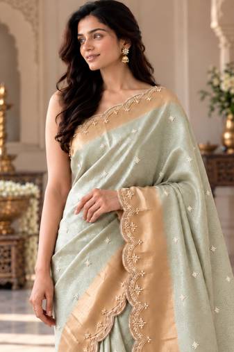 Light-green silk blend banarasi silk embroidered saree