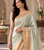 Light-green silk blend banarasi silk embroidered saree