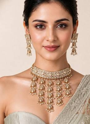 Gold plated handcrafted jadau necklace set with pearl tassels 1