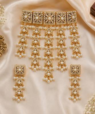 Gold plated handcrafted jadau necklace set with pearl tassels 2
